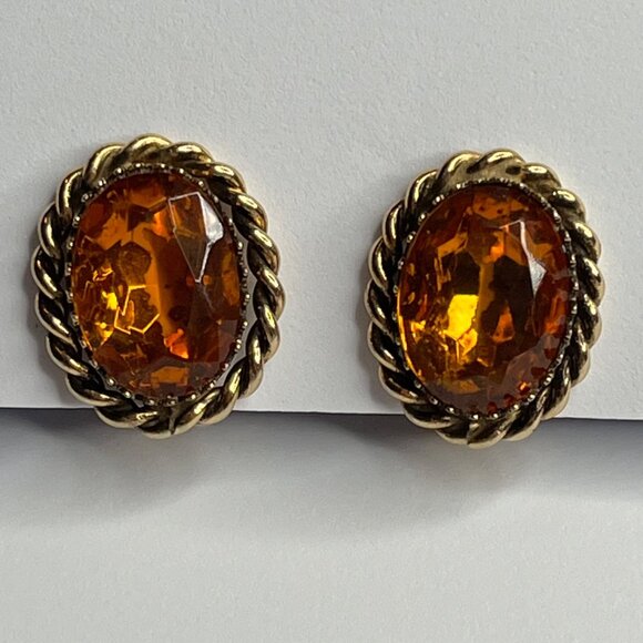 Vintage Amber Crystal Gold-Tone Clip-On Earrings - Picture 1 of 3
